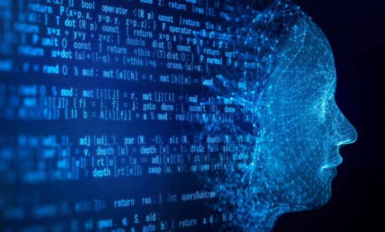 Abstract digital head formed from glowing blue lines and nodes superimposed on blue computer code.