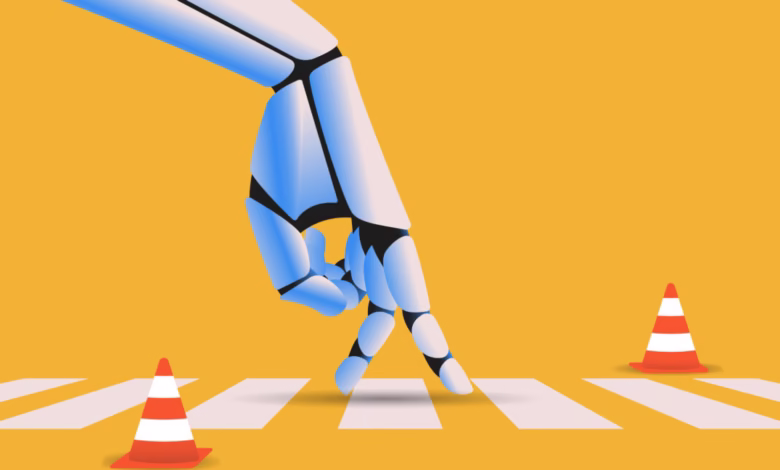 Robotic hand crossing a pedestrian crosswalk, flanked by traffic cones. Illustrates AI and technology.