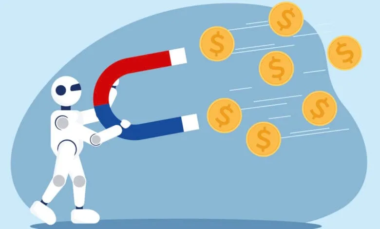 A robot uses a large magnet to attract gold coins, symbolizing AI attracting investments.