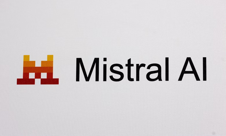 Mistral AI logo: a pixelated logo and the company name in black text on a white background.