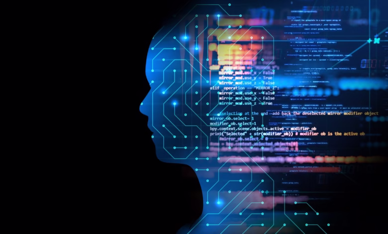 Abstract profile of a head overlaid with a circuit board pattern and lines of computer code, representing AI or digital intelligence.
