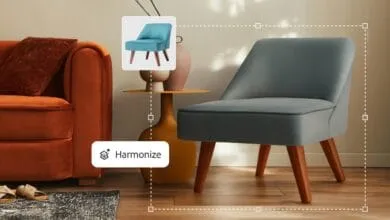 A teal armchair with wooden legs sits in a living room next to an orange sofa. A smaller teal armchair is shown in a box inset.