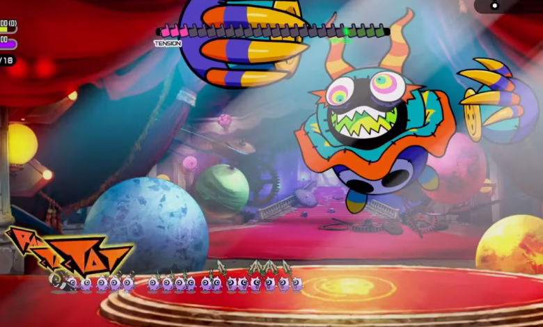 Vibrant video game scene: a large, colorful monster looms over smaller creatures on a stage with planets in the background.