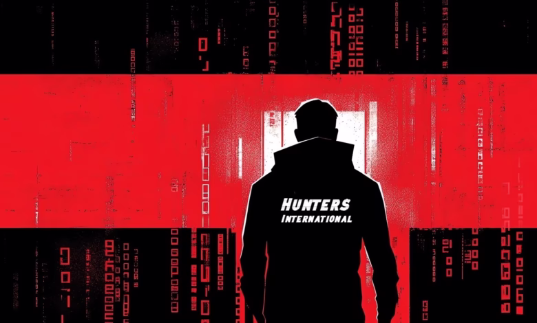 Silhouette of a person in a hoodie facing away, standing before a red and black background with digital code overlay. Text reads 'Hunters International'.
