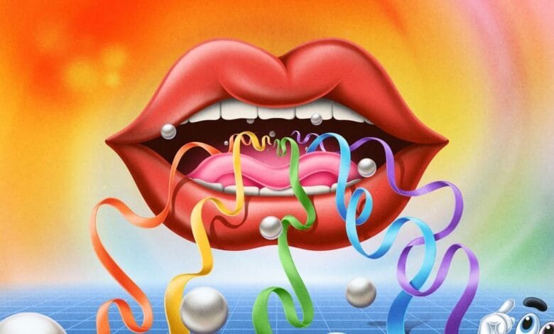 Close-up of a large, red mouth with a pink tongue, releasing colorful ribbons and pearls against a vibrant orange and blue background.