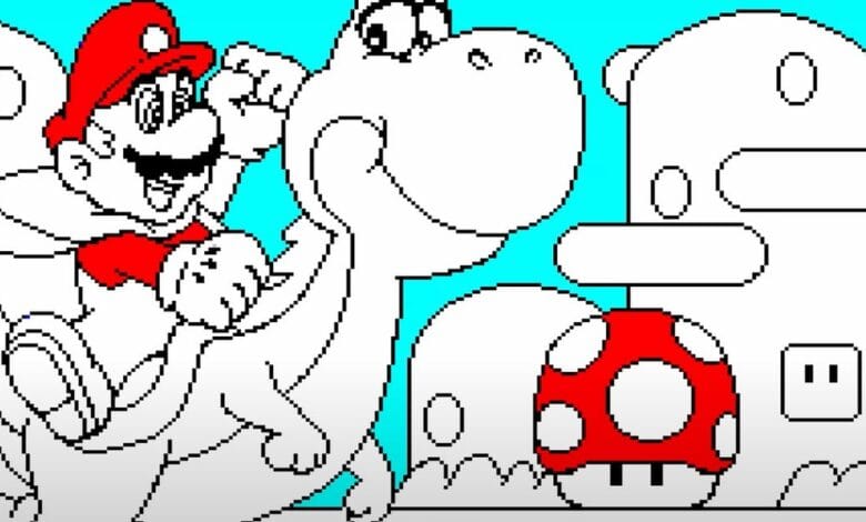 Pixel art of Mario riding Yoshi, passing a red mushroom and a white structure against a cyan background.