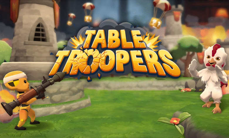 Key art for the mobile game Table Troopers, featuring cartoon soldiers and a chicken in a battle scene.