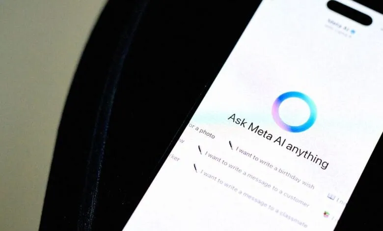 Close-up of a smartphone displaying the Meta AI interface, prompting users to ask anything.