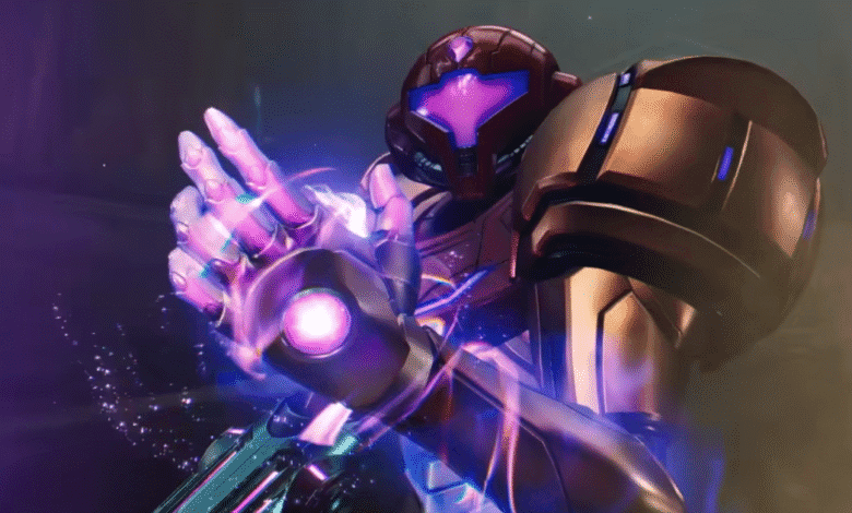 Samus Aran, in her powerful suit, glows with purple energy as she prepares to fire a devastating weapon.