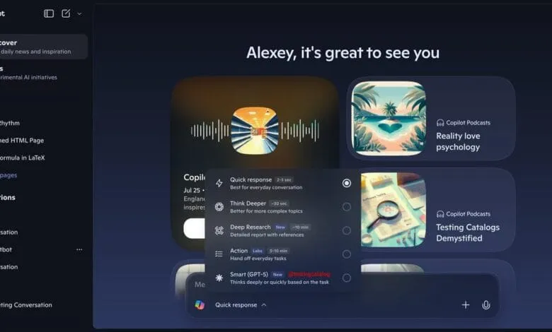 Microsoft Copilot interface showing a conversation with Alexey, various AI features, and suggested podcasts.