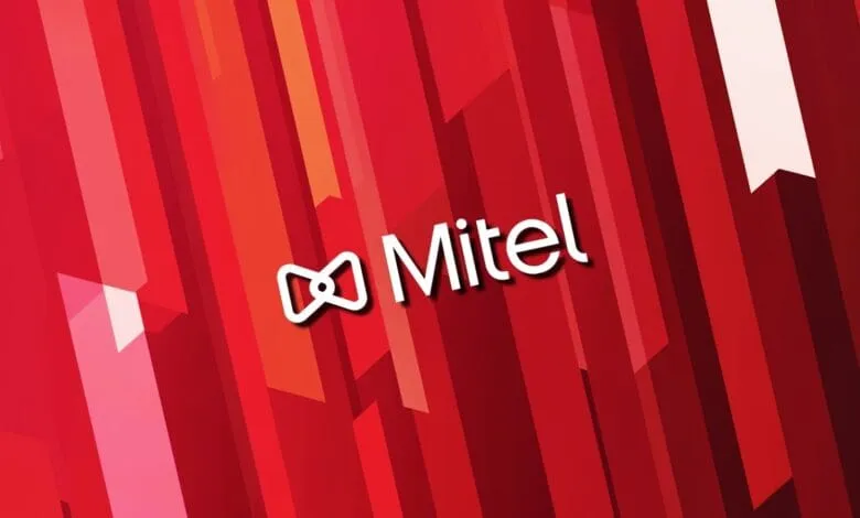 Mitel logo on a background of diagonal red and white stripes.