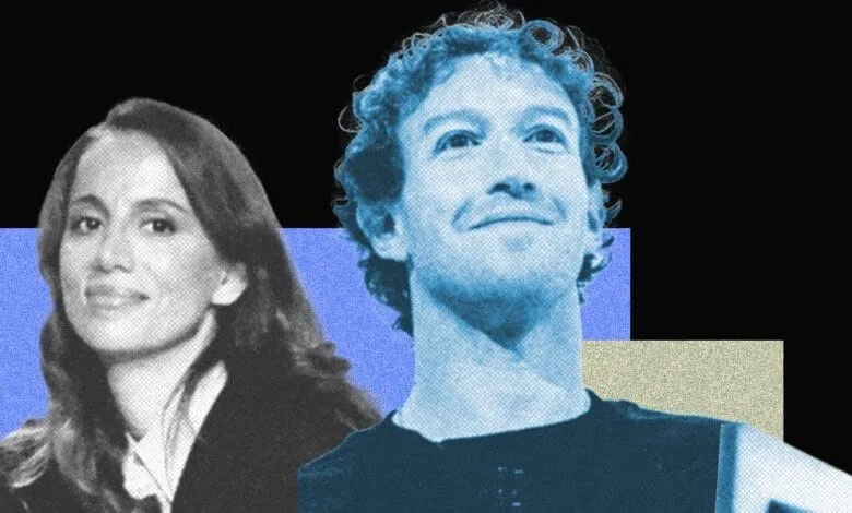 A stylized portrait juxtaposes Mark Zuckerberg and Sheryl Sandberg, both in cool-toned blue hues against a dark background.