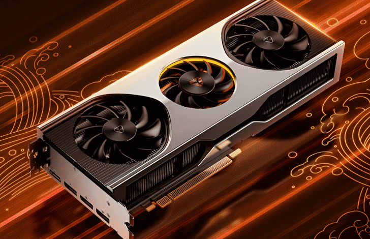 High-end graphics card with three fans, metallic silver and black design, rests on a dark wood-like surface with orange wave patterns.