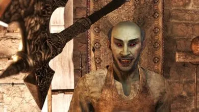 A pale green-skinned elf with red eyes smiles mischievously, sitting in a workshop with a large ornate axe in the foreground.