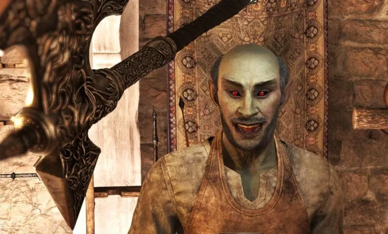 A pale green-skinned elf with red eyes smiles mischievously, sitting in a workshop with a large ornate axe in the foreground.