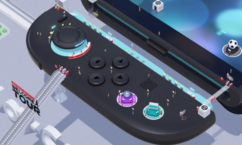 Isometric illustration of a giant Nintendo Switch 2 console, with tiny figures exploring its features. A welcome tour is indicated.