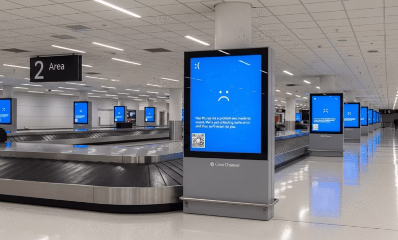 Airport baggage claim area with digital displays showing a blue screen of death error message.