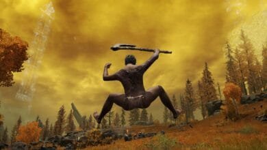 Scarred warrior leaps, axe raised, against fiery autumn backdrop with translucent obelisk.