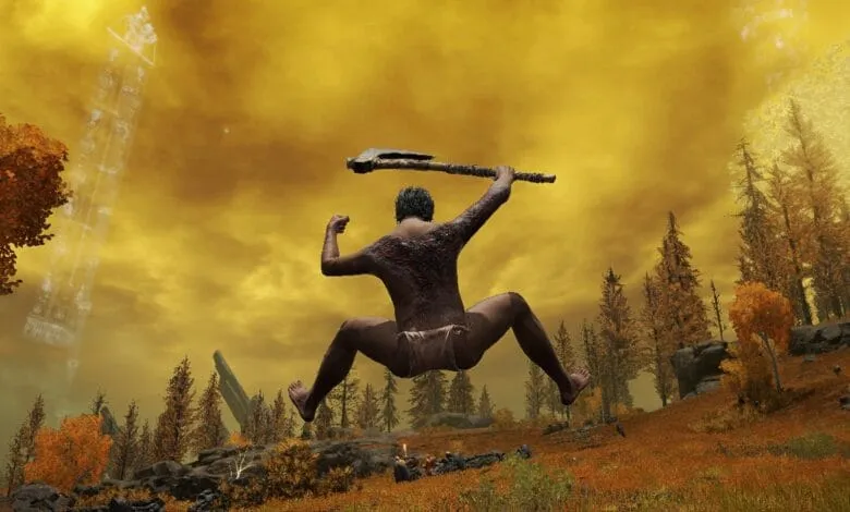 Scarred warrior leaps, axe raised, against fiery autumn backdrop with translucent obelisk.