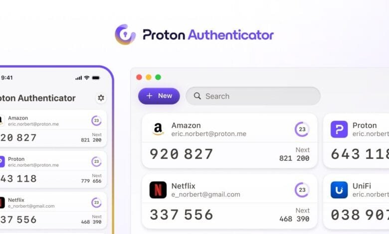 Proton Authenticator app showing 2FA codes for Amazon, ProtonMail, Netflix, and UniFi accounts on phone and desktop.