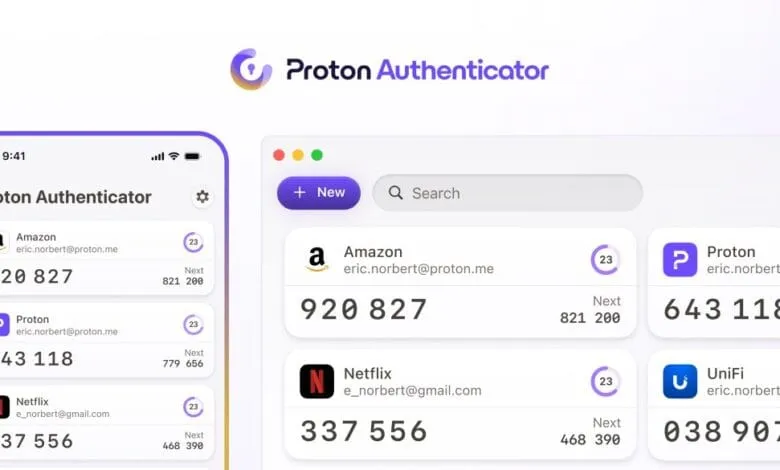 Proton Authenticator app showing 2FA codes for Amazon, ProtonMail, Netflix, and UniFi accounts on phone and desktop.
