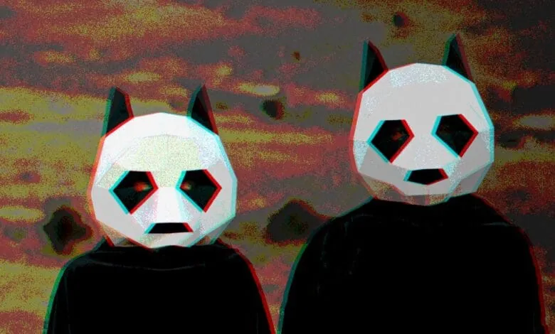 Two figures wearing low-poly panda masks stand against a textured, dark background.
