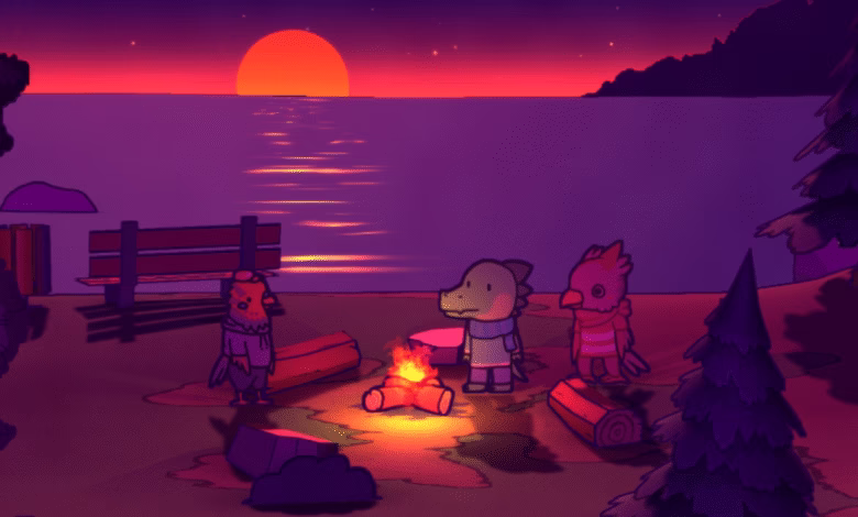 Three cartoon creatures gather around a campfire on a beach at sunset. Warm colors dominate the scene.