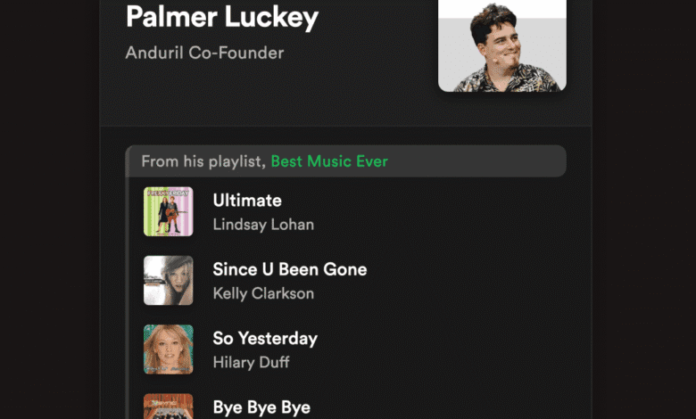 Screenshot of Palmer Luckey's Spotify playlist, "Best Music Ever," featuring songs by Lindsay Lohan, Kelly Clarkson, and Hilary Duff.