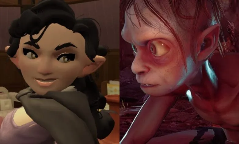 Side-by-side comparison of two stylized character models; one female with dark hair, the other a creature resembling Gollum.