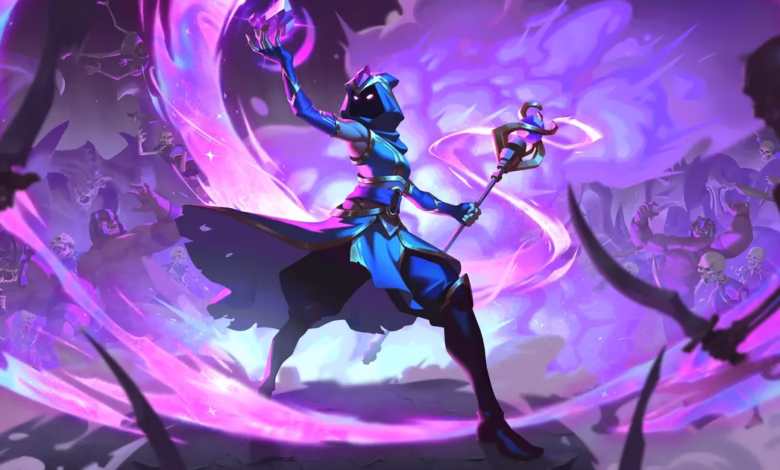A powerful sorceress in blue robes wielding a glowing staff, surrounded by swirling purple energy and skeletal figures.