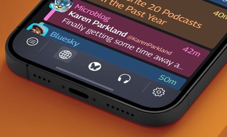 Close-up of a smartphone displaying the Bluesky social media app, showing a post by Karen Parkland and app navigation icons.