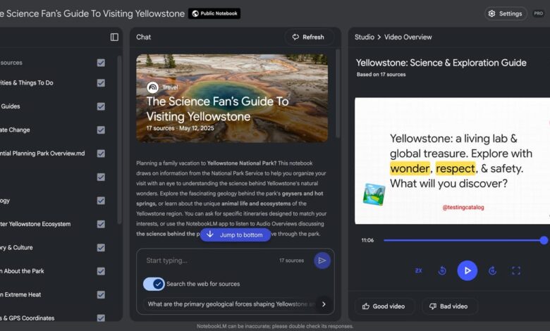 Screenshot of a NotebookLM guide to Yellowstone National Park, showing a checklist of topics, a video player, and a description emphasizing scientific exploration.