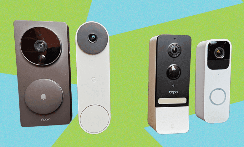 Four smart video doorbells displayed against a green and blue background. Aqara, Google Nest, Tapo, and another brand are shown.