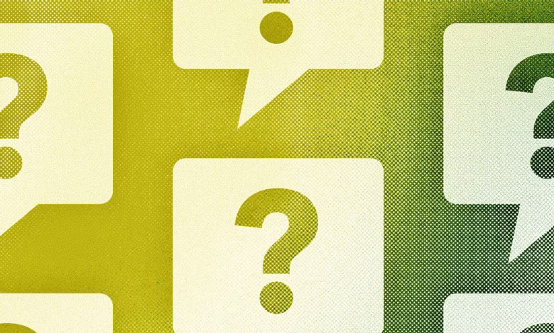 Abstract graphic of overlapping speech bubbles, each containing a question mark, on a gradient green background.
