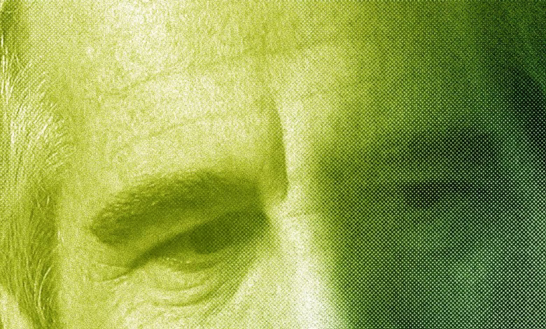 Close-up of a grainy, green-toned image, possibly a security camera still, showing a partial view of a person's eye and eyebrow.