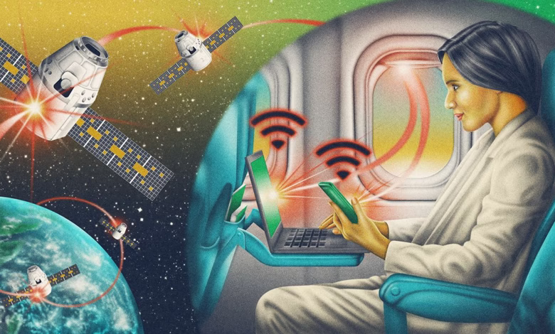 Person on airplane uses laptop and phone connected to orbiting satellites providing WiFi.