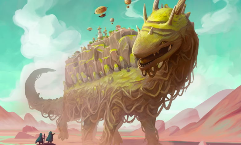 A colossal, plant-like creature carries a town on its back. Two small figures observe from below.