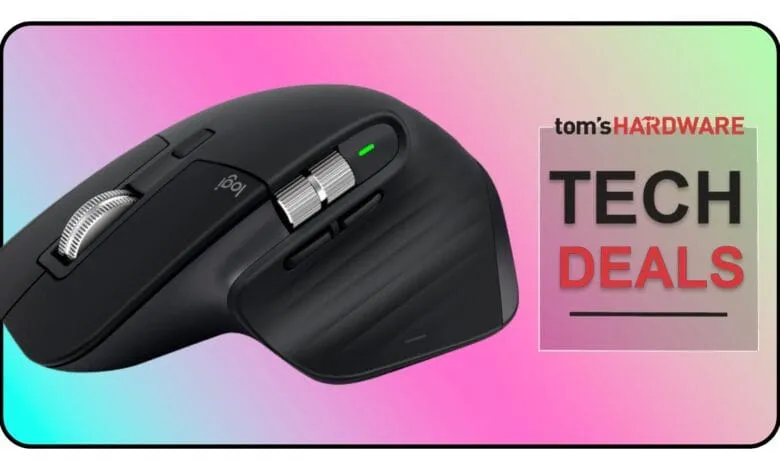 Black Logitech ergonomic mouse with multiple buttons and scroll wheel, on pink and blue background with Tom's Hardware logo.