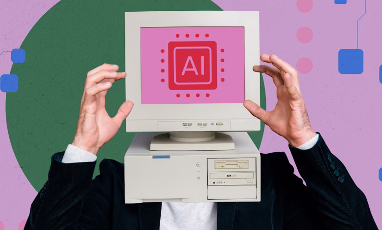 A stylized image of a businessman with a vintage computer monitor as a head, displaying an AI symbol. The background features abstract shapes and circuit lines.