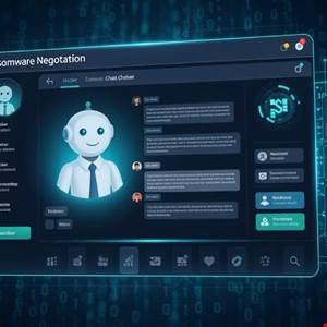 A digital interface shows a chatbot negotiating ransomware. The bot has a friendly face and is in a dark, tech-focused setting.