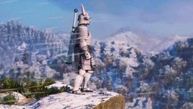 A white samurai stands on a snowy mountaintop, a strong wind blowing. He carries a large sword.