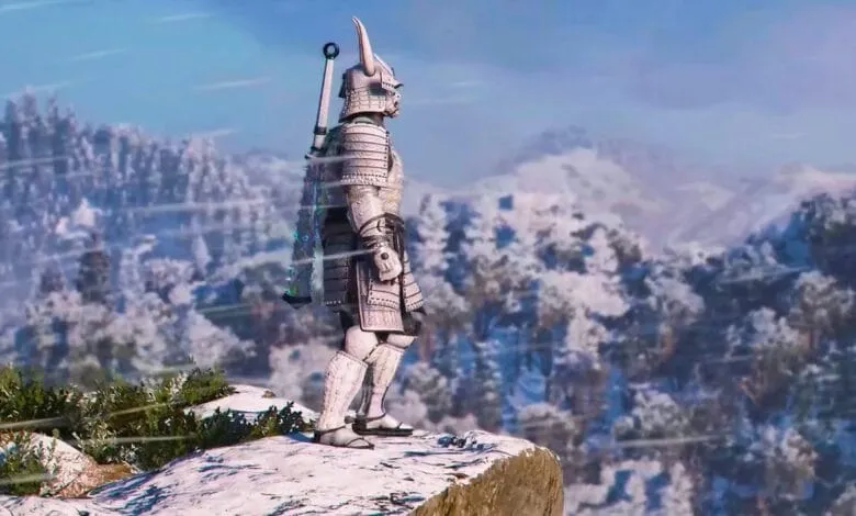 A white samurai stands on a snowy mountaintop, a strong wind blowing. He carries a large sword.