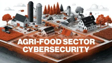 Isometric illustration of a farm showing cybersecurity risks in the agri-food sector.