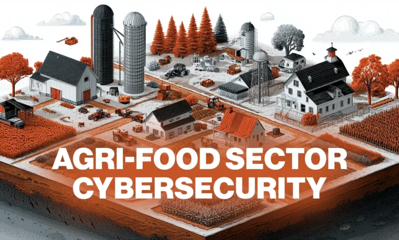 Isometric illustration of a farm showing cybersecurity risks in the agri-food sector.