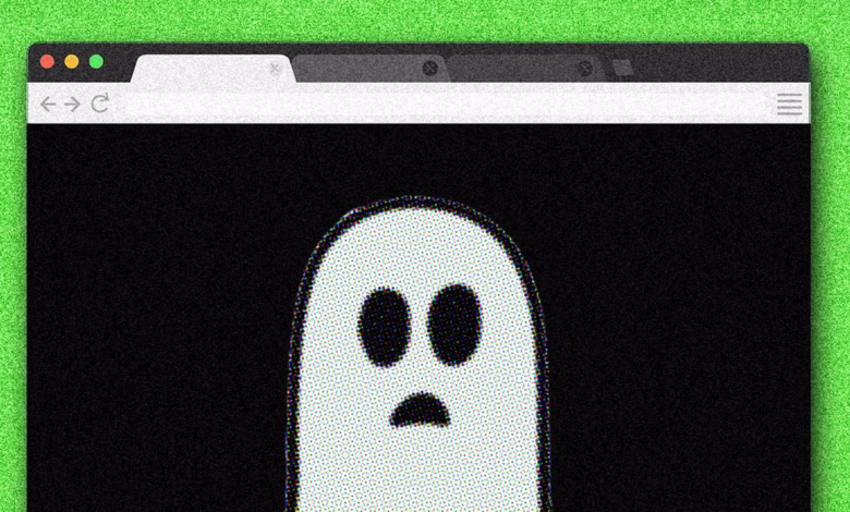 A cartoon ghost displayed on a web browser against a bright green background.