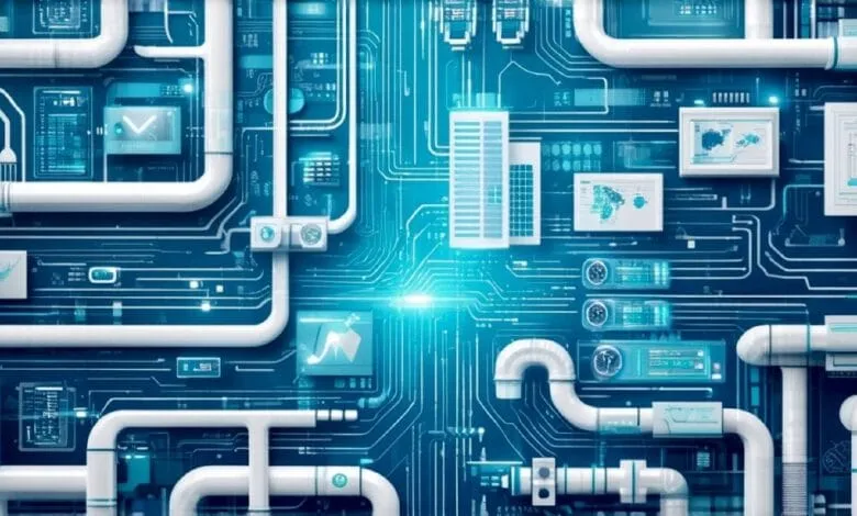 Abstract digital illustration of data pipelines, resembling a circuit board with white pipes and glowing blue interfaces.