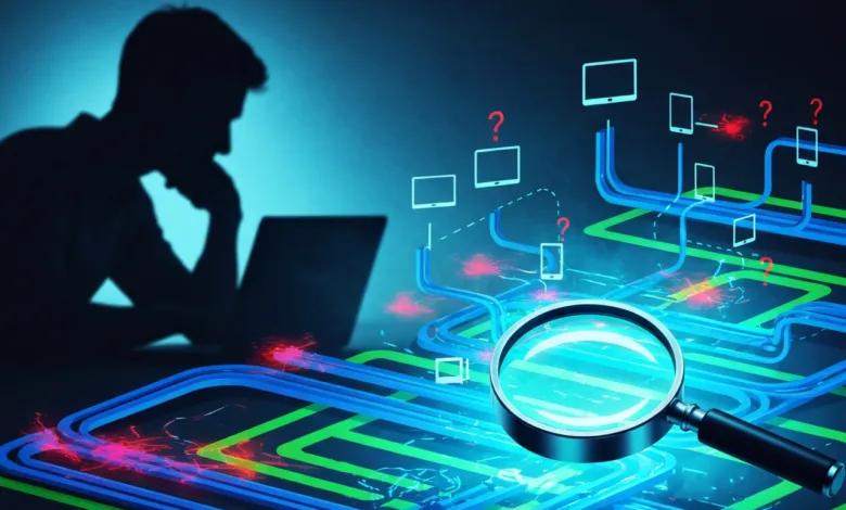 Silhouette of person using laptop with network diagram and magnifying glass.