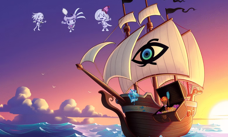 Animated cartoon ship with treasure chest sails across sunset ocean, three small figures float nearby.