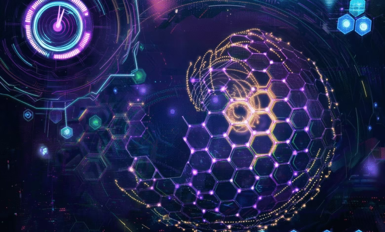 Abstract digital art depicting a glowing hexagonal globe with interconnected nodes and futuristic interfaces.
