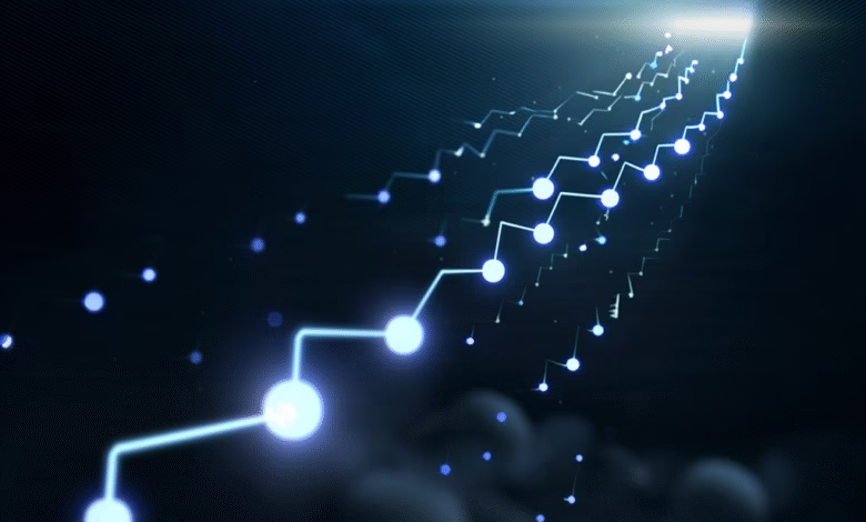 Abstract digital art depicting a glowing network of interconnected nodes ascending towards a bright light.
